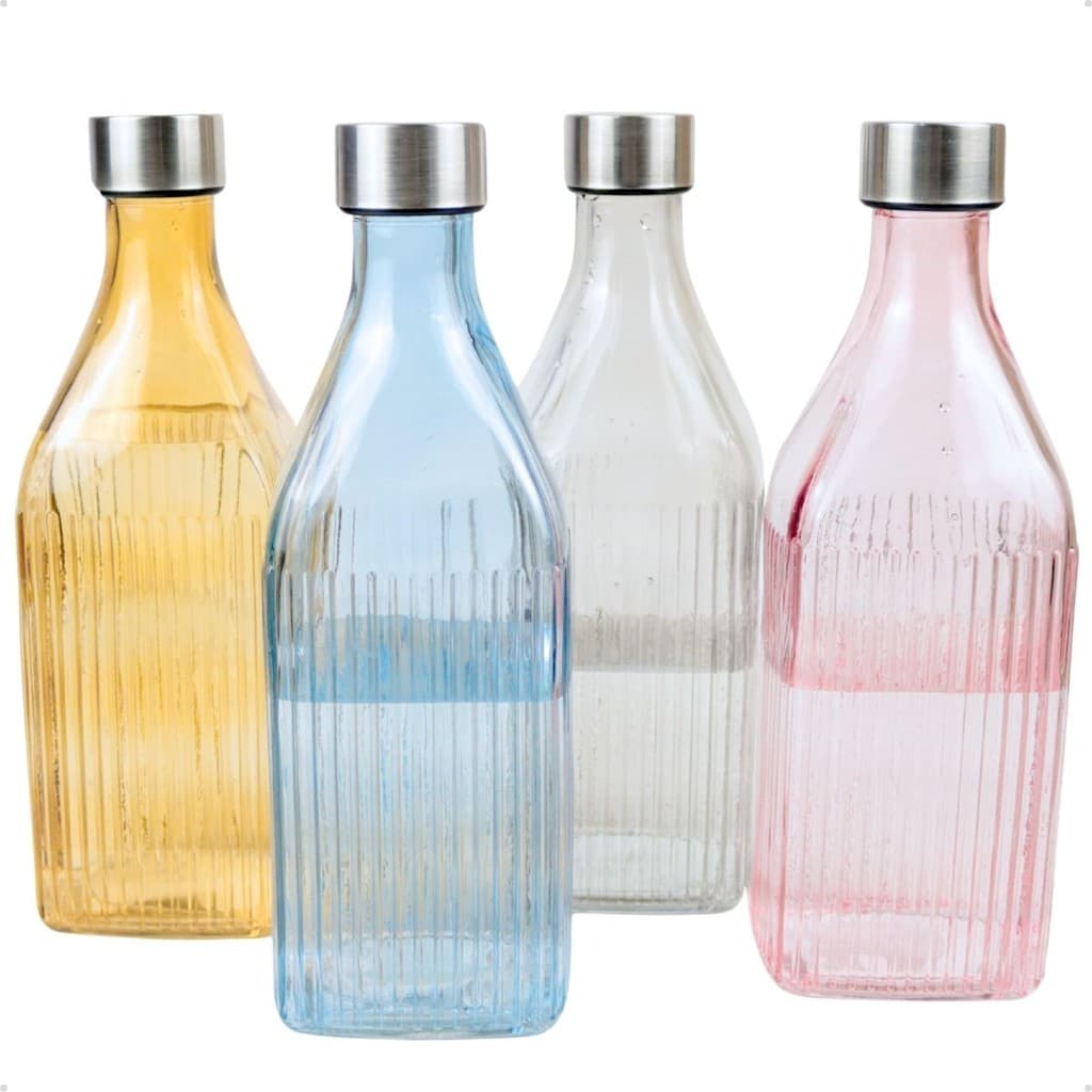 Kit 2 Garrafas Quadrada de Vidro Canelado para Água Suco 1 Litro Colorida Scotch Filete Tampa Inox