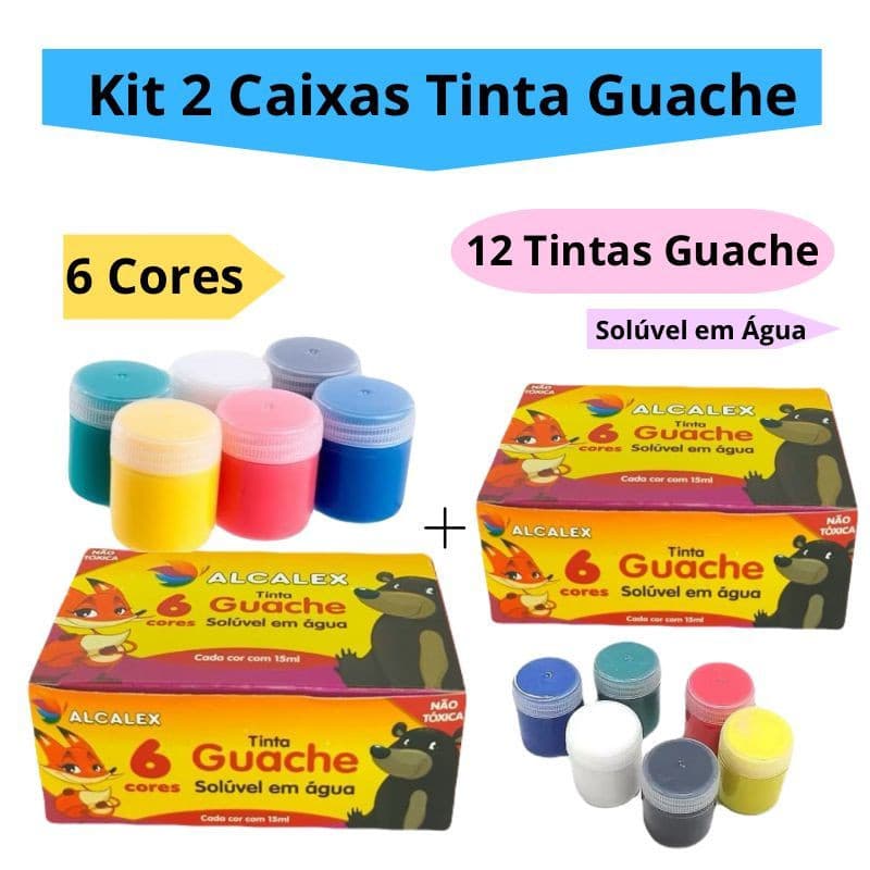 Kit 2 Caixas Tinta Guache 15ml Caixa Com 6 Cores Diferentes 12 Tintas Pintar Escolar Infantil Alcalex