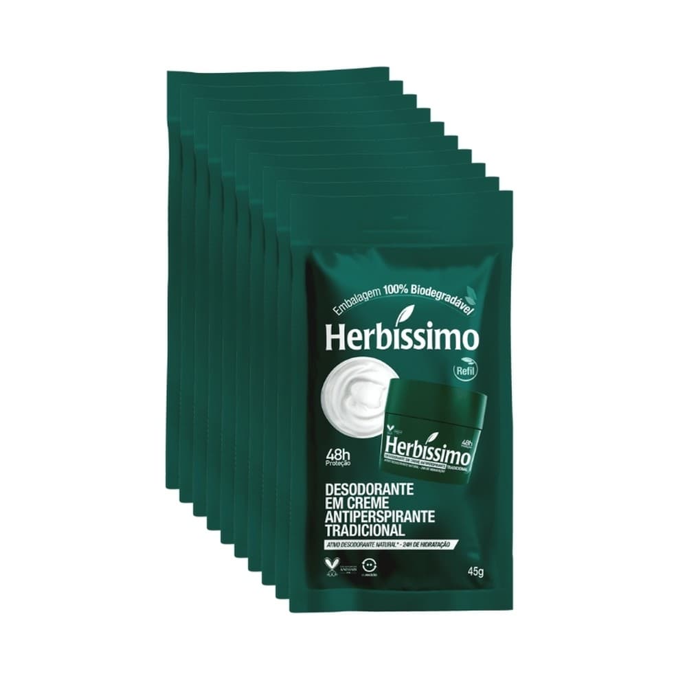 Kit Sachê Refil Desodorante Creme Antitranspirante Tradicional Herbissimo 45G (10 unidades)