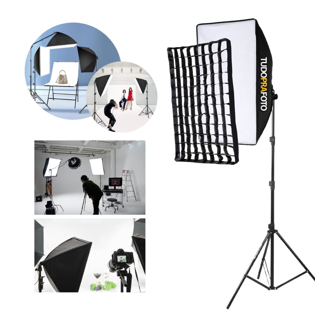 Kit Iluminação Softbox 50x70cm Grid Soquete E27 com Tripé 1,90m para Fotos e Vídeos