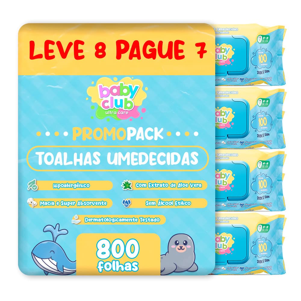 LEVE 8 PAGUE 7 TOALHAS UMEDECIDAS BABY CLUB TRADICIONAL COM 100 FOLHAS CADA