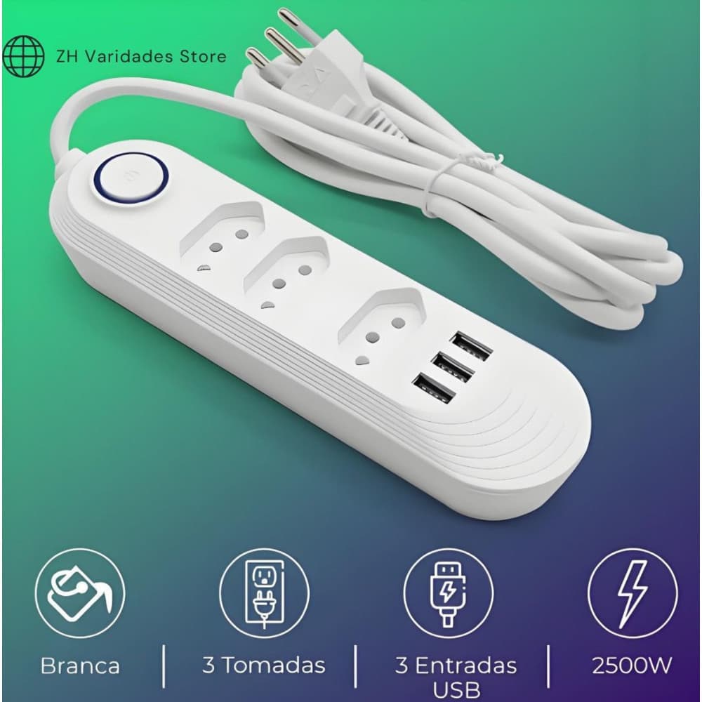 Filtro De Linha Extensão Régua 3 Tomadas 3 Usb Bivolt  2 metros  Fio Branco