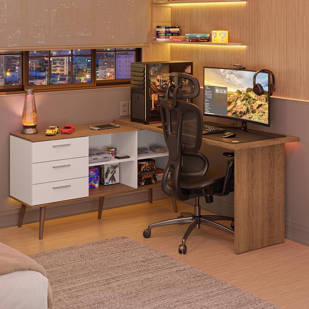 Escrivaninha Em L Mesa Para Computador Gamer 3 Gavetas Lisboa Madesa