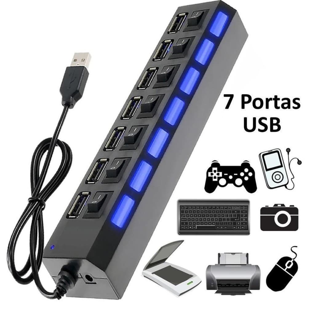 Hub Usb 7 Portas Com Interruptor Liga Desliga Led Extensão Usb 2.0 Pendrive Teclado
