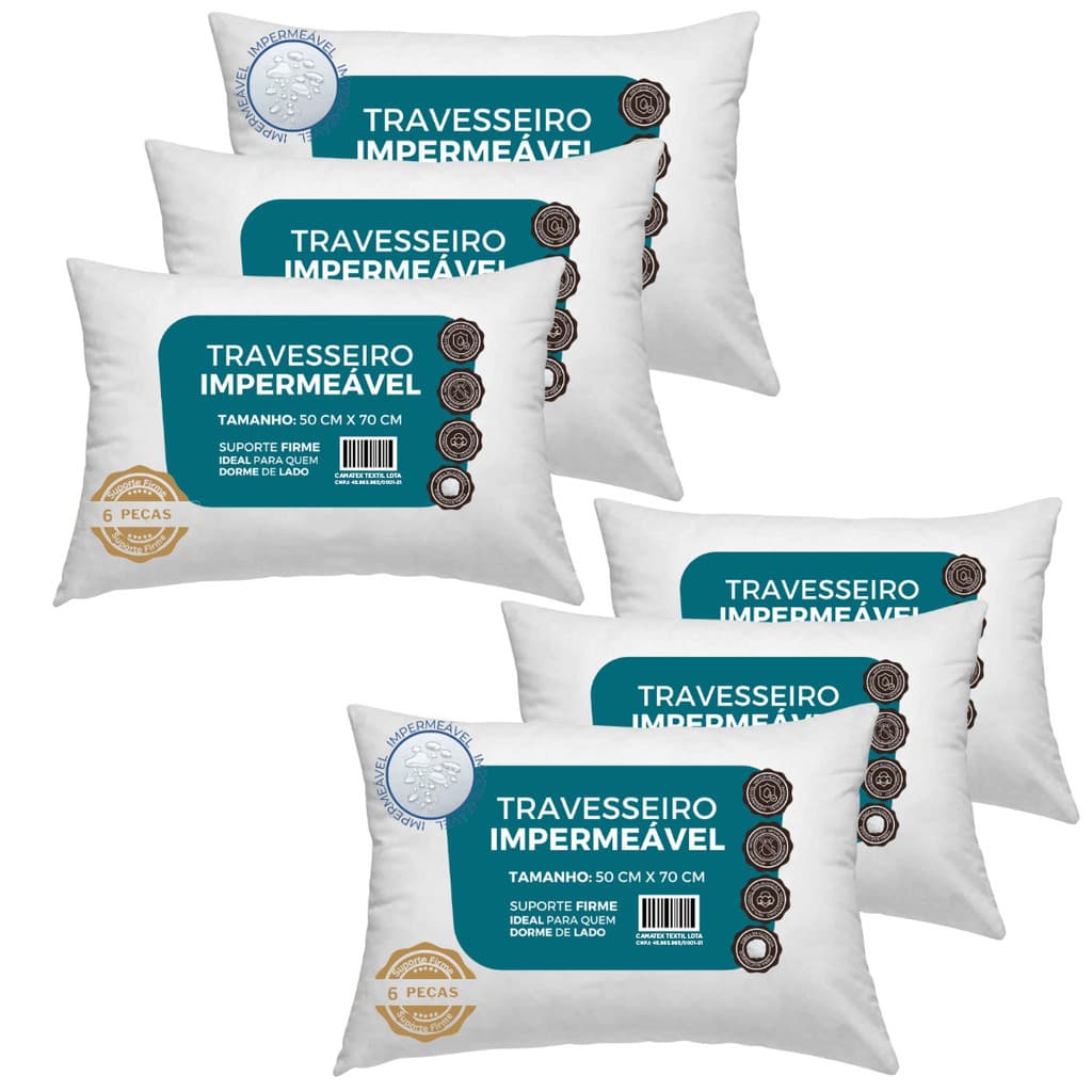  Kit 6 Travesseiros Impermeável 50x70 Suporte Extra Firme Fibra Siliconada percal 100% Algodão