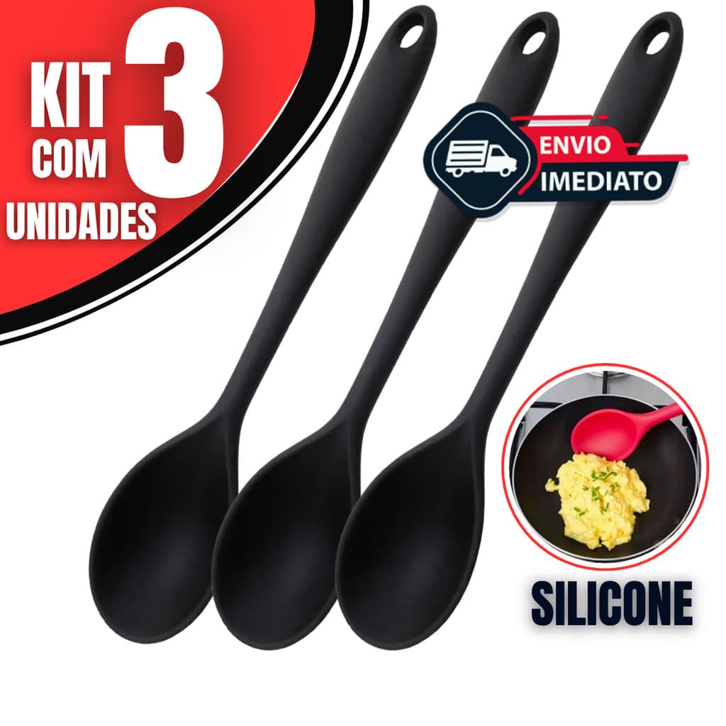 KIT 3 Colher de Silicone Antiaderente Resistente para Cozinha e Panelas