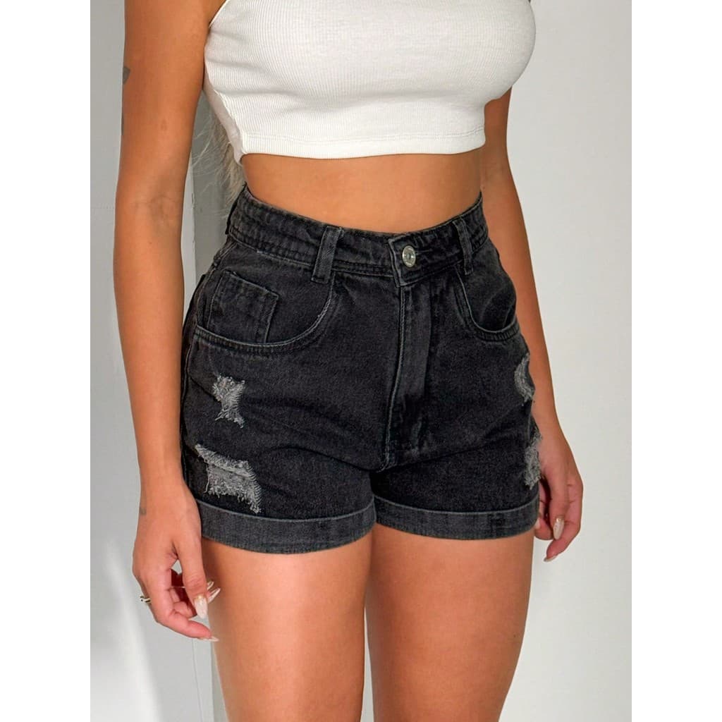 Short Jeans feminina com Bolso Bermuda Feminina preto marmore Cinza