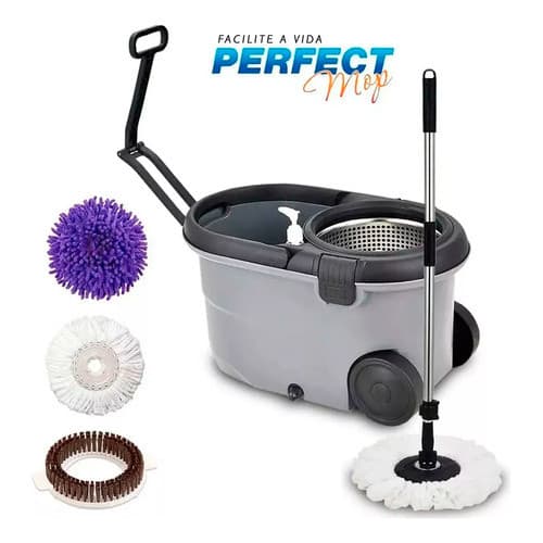 Esfregão Balde 16 lts Perfect Mop Move Centrífuga Inox 3 Refis e Dispenser Rodinhas e Alça Retrátil