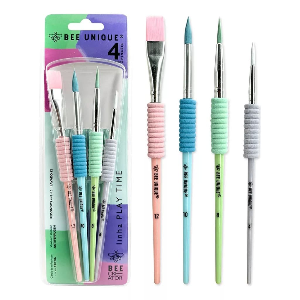 Kit 4 Pincéis Linha Play Time Bee Unique Yj190041 Coloridos