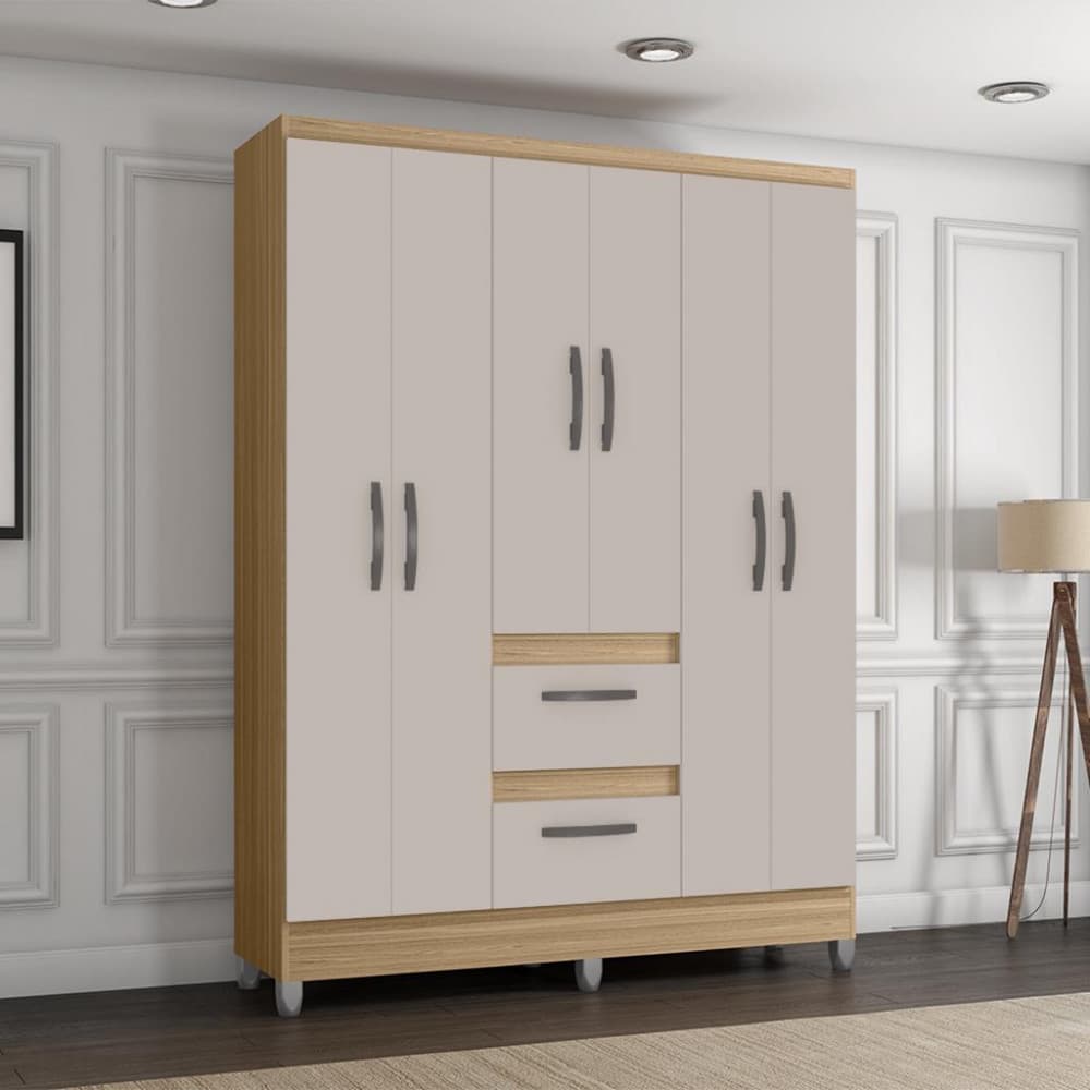 Guarda Roupa Solteiro com Pés 6 Portas 2 Gavetas Capri Poquema