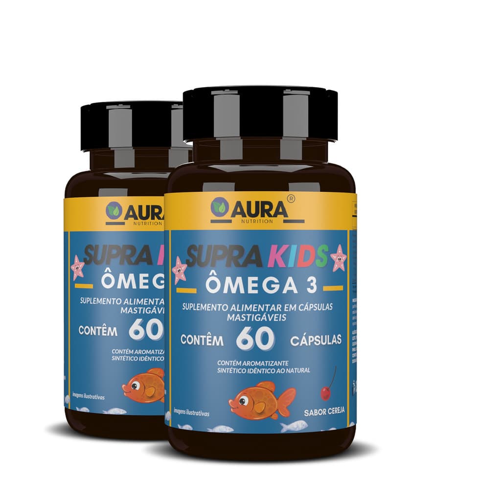 Ômega 3 Supra Kids Mastigável Sabor Cereja 2 x 60 Cápsulas - Aura Nutrition