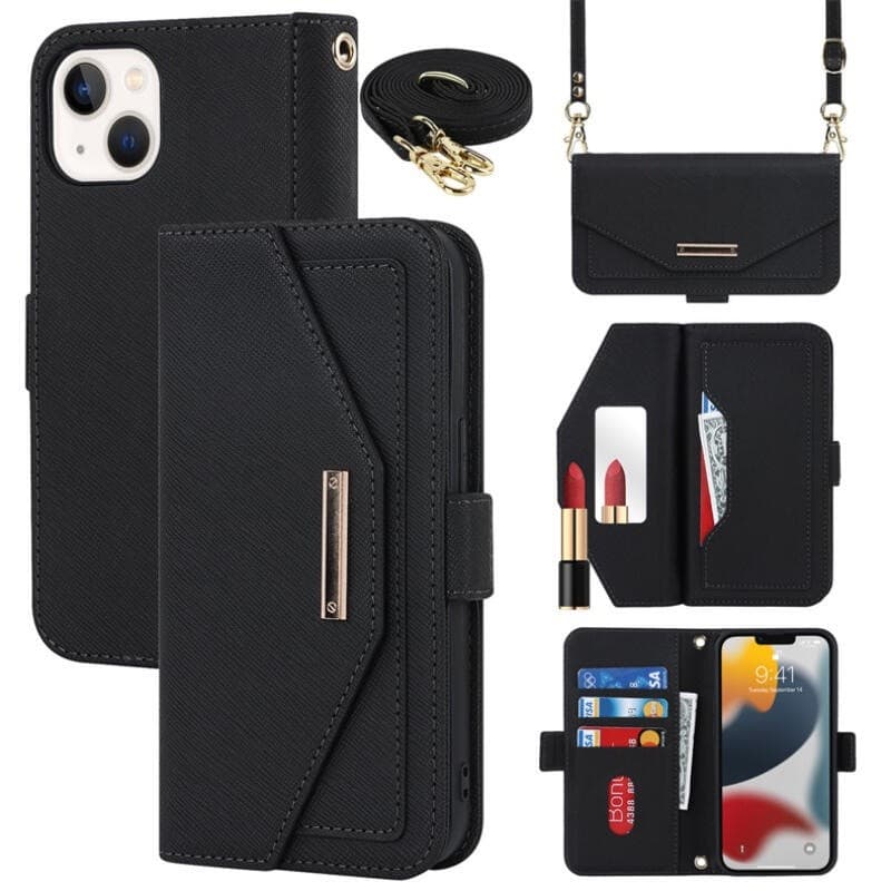 Luxo Crossbody Lanyard Folio Card Slot Cross Grain PU Leather Wallet Phone Case para iPhone 16 15 14 13 12 11 Promax Plu