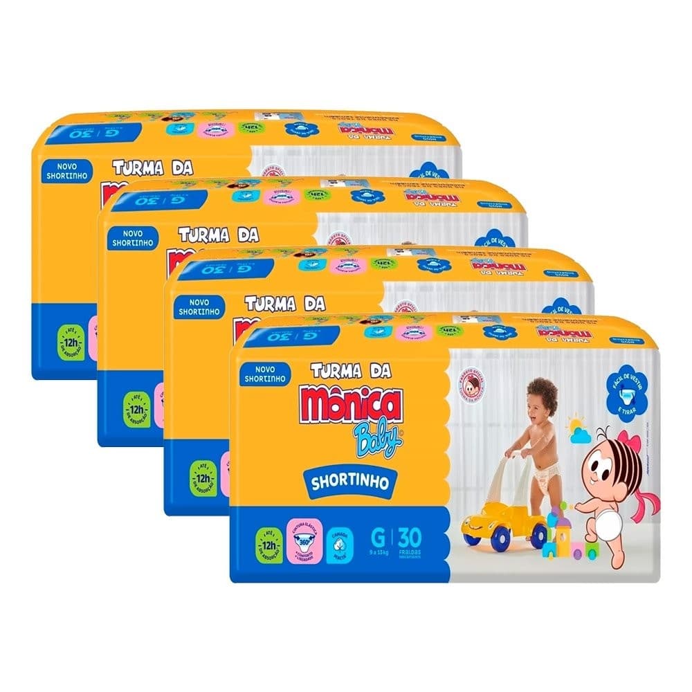 Fralda Descartável Turma da Mônica Shortinho Jumbo Tamanho G - 4 Pacotes com 30 Fraldas - Total 120 Tiras