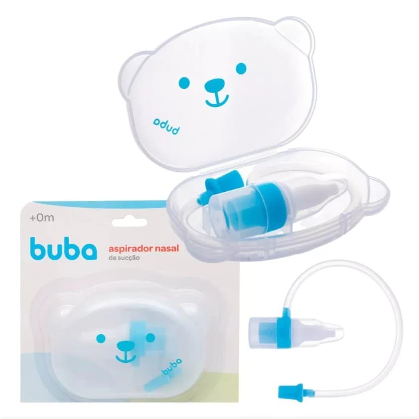 Aspirador Nasal Sucção Para Bebê Com Estojo Ursinho Nariz Neném Infantil Azul Buba