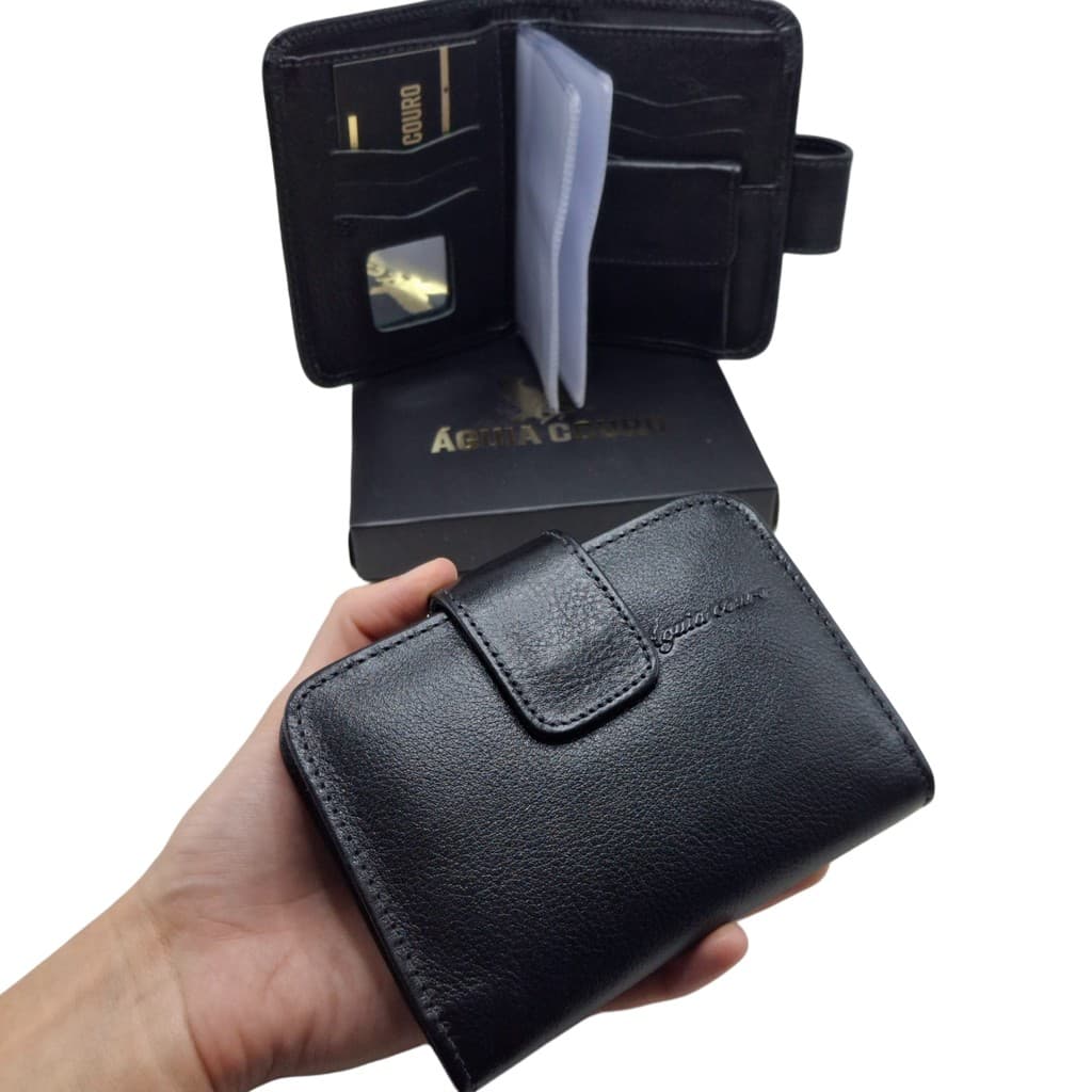 Carteira Feminina Couro Legítimo Espelho Porta Cartão Bolso Moedas RG CNH + Caixa Presente Mulher