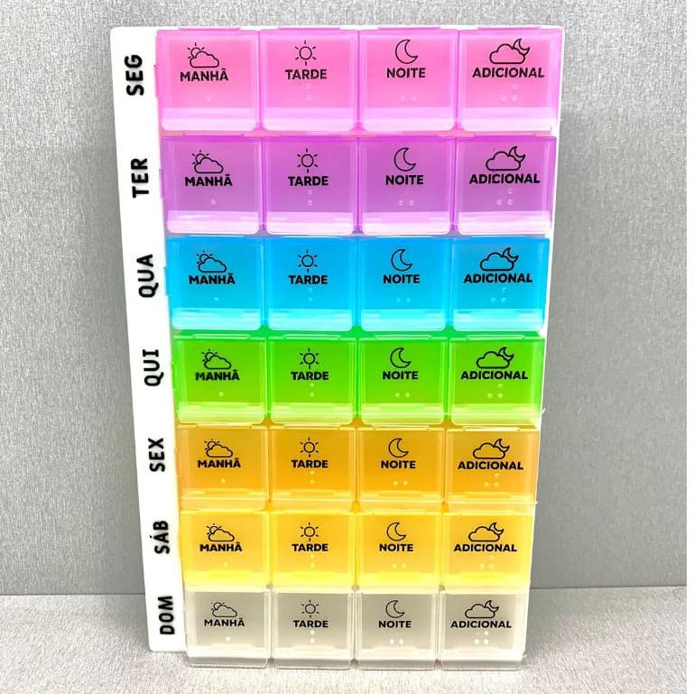Porta Comprimidos 11x18cm Semanal Com 28 Compartimentos Multicoloridos Para Remédios Prático E Útil