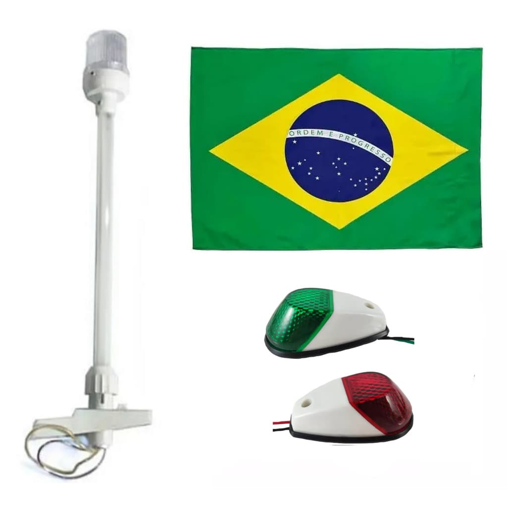 Kit Luz Bombordo e Boreste Led em ABS Branco + Mastro Estrobo Alcançado Fundeio Branco Led + Bandeira do Brasil - Barco