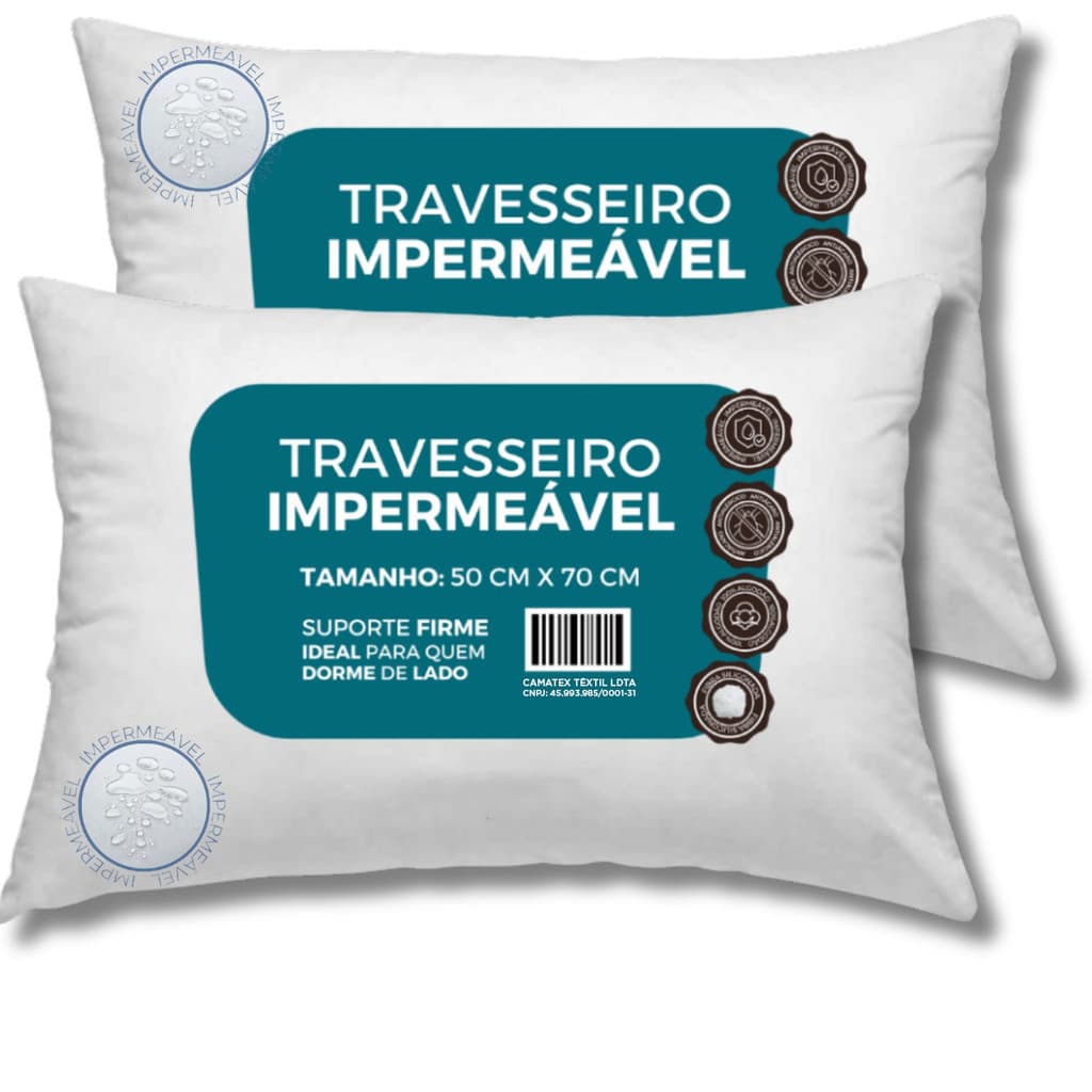 Kit 2 Travesseiros Antialérgico Impermeável 50x70 Suporte Firme Fibra Siliconada percal 100% Algodão