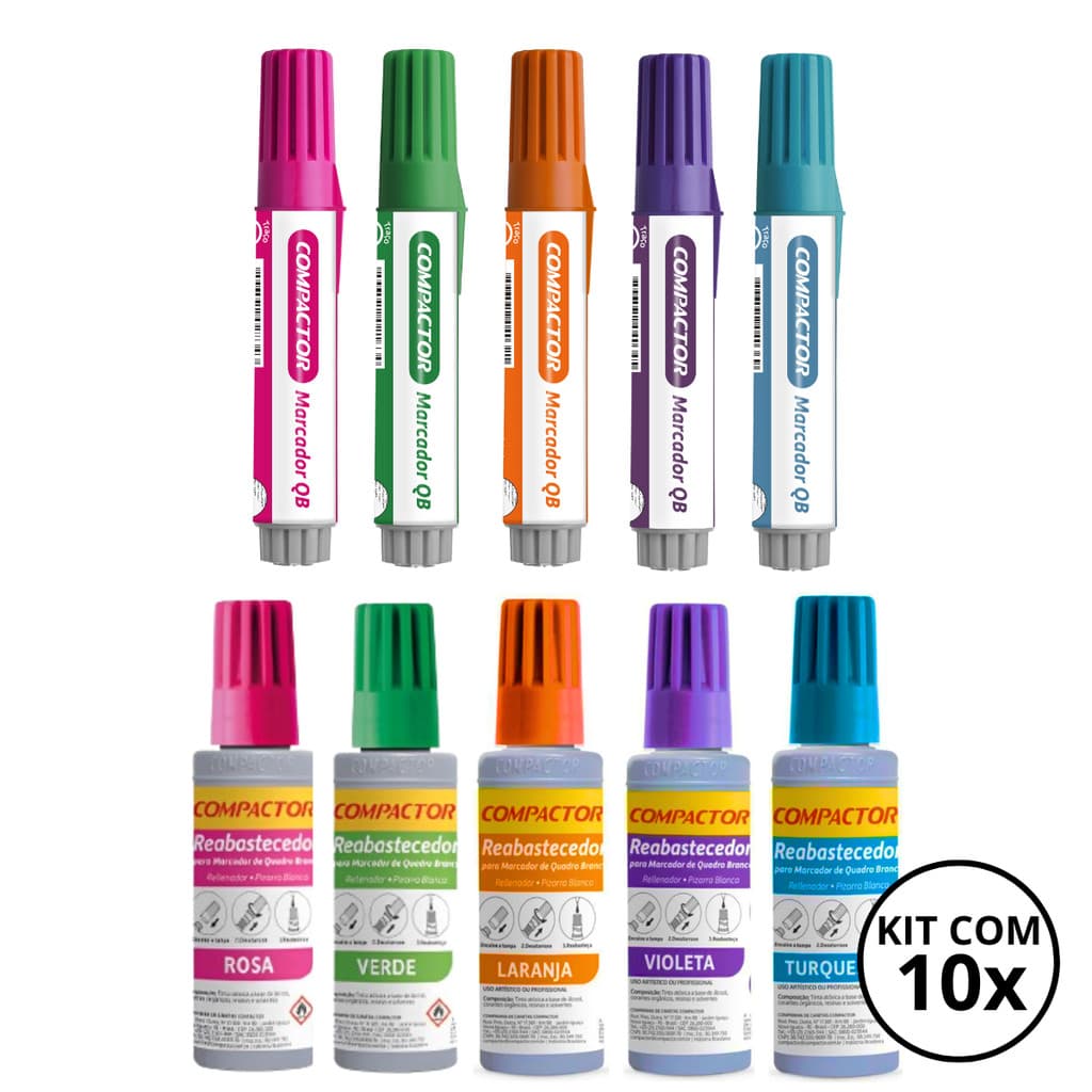 Kit Com 5 Marcadores de Quadro Branco + 5 Reabastecedores - COMPACTOR COR:KIT4