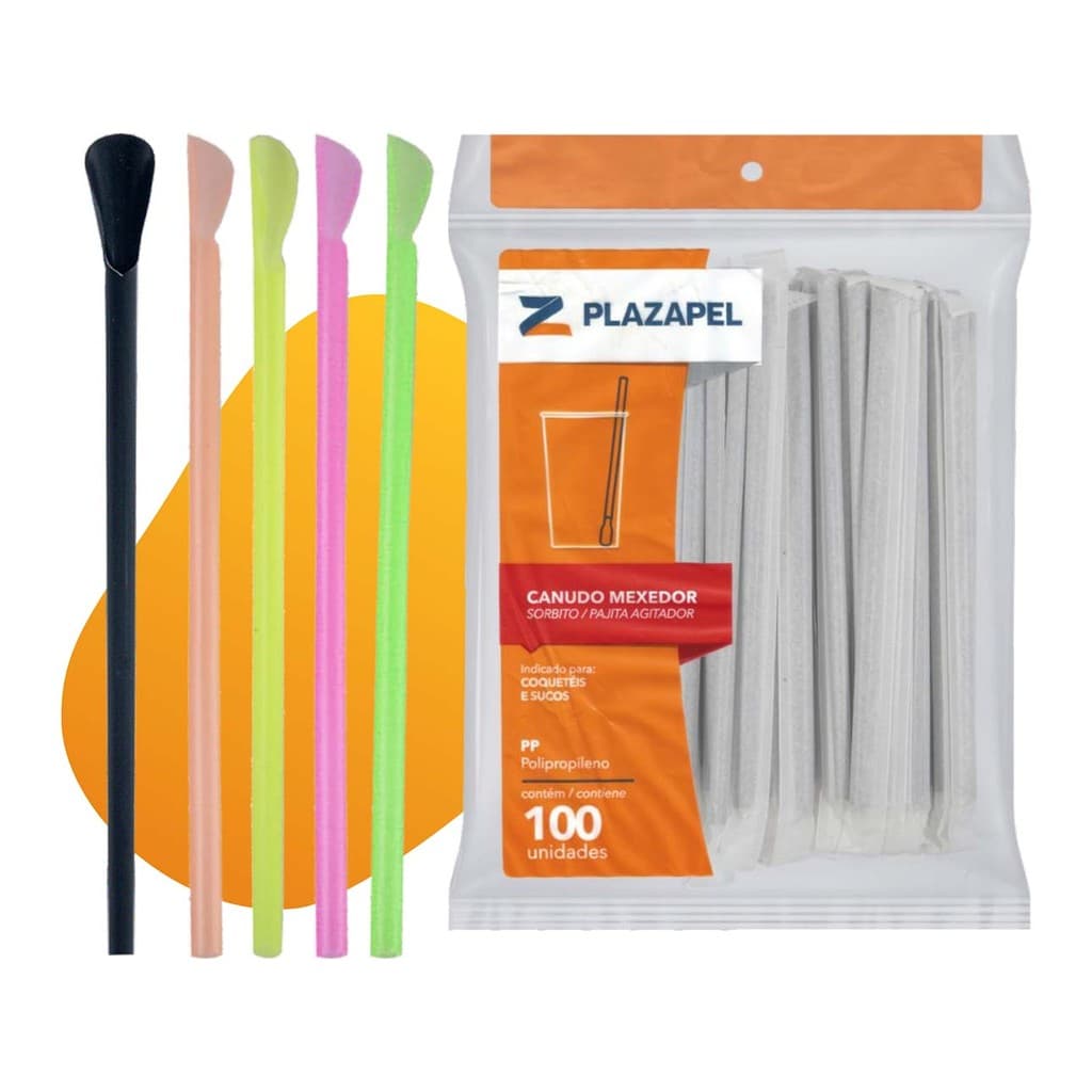 Pacote 100 Canudo Canudinho Colher Mexedor Pazinha Caipirinha Drink Bebida Suco Colorido Misto
