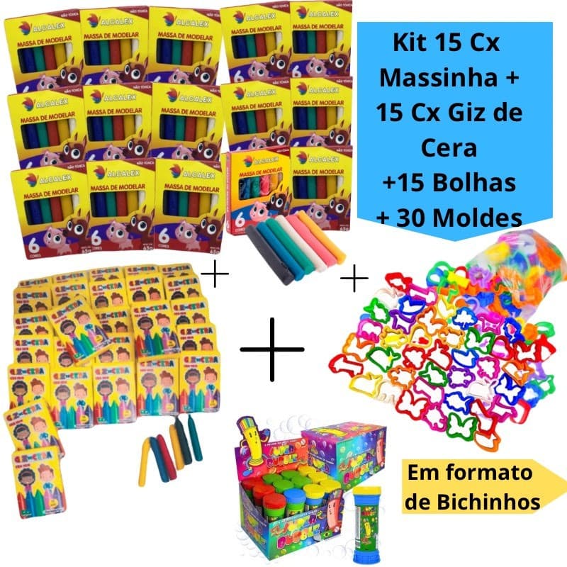 Kit 15 Cx Massinha de Modelar + 15 Bolhas de Sabão + 30 Molde Cortador Forminha + 15 Cx Giz de Cera Kit Festa Lembrancin