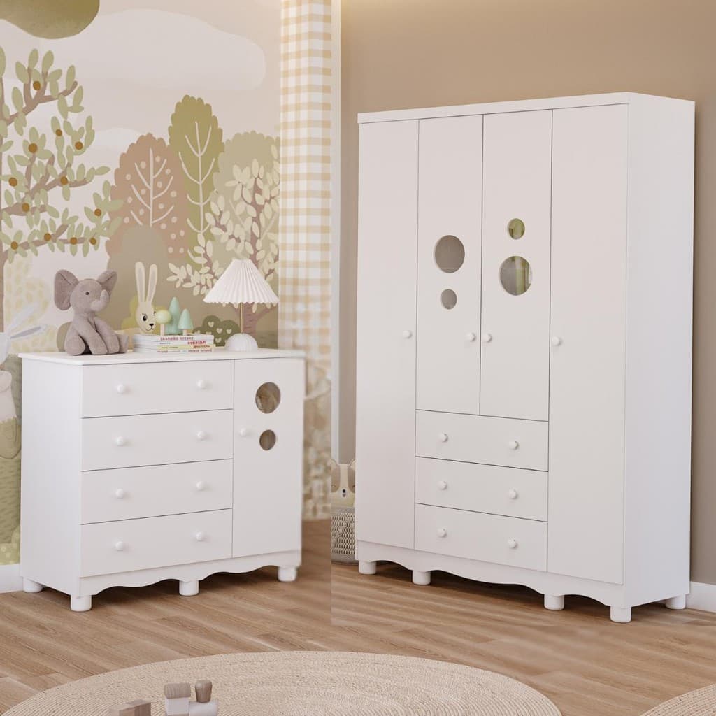 Quarto de Bebê Completo Guarda Roupa 4 Portas Cômoda 1 Porta 4 Gavetas 100% MDF Bolinha