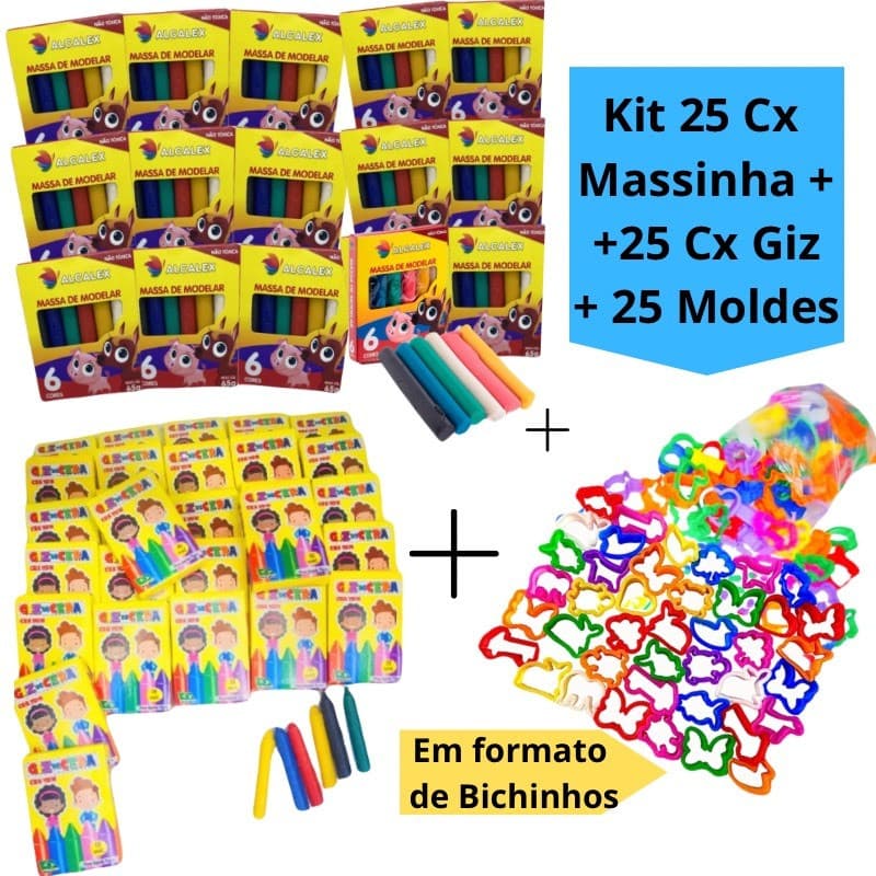 Kit 25 Cx Massinha de Modelar + 25 Cx Giz de Cera Mini + 25 Molde Cortador Kit Festa Forminhas Infantil Lembrancinha Esc