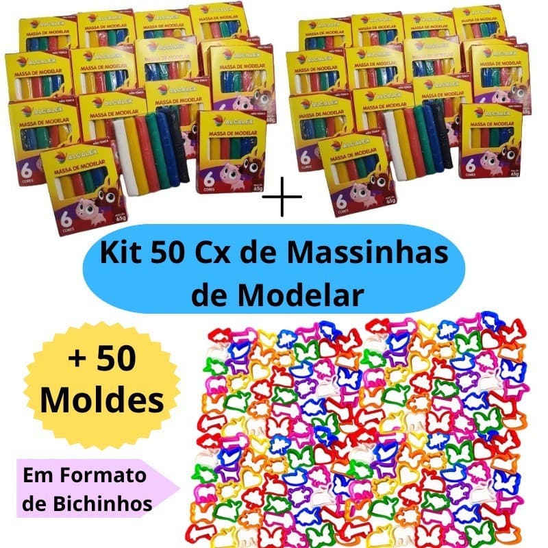 Kit 50 Cx Massinha de Modelar + 50 Molde Cortador Kit Festa Infantil Lembrancinha Escolar