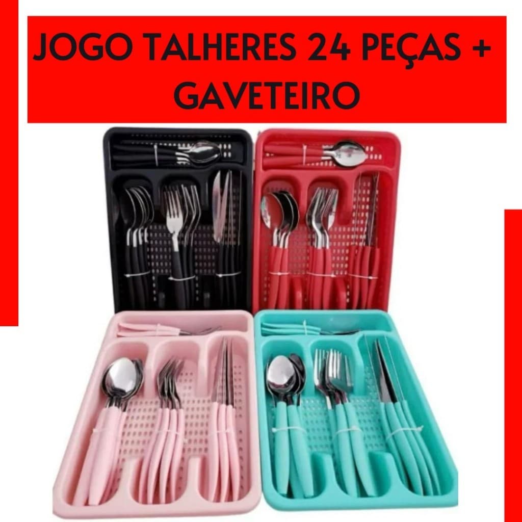 Jogo de Talheres 24 Peças Premium Aço Inox + Suporte Gaveteiro+ZemMart+