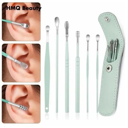 Kit 6 Peças Colher De Aço Inoxidável Portátil Para Remoção De Cera De Ouvido/Equipamento De Viagem