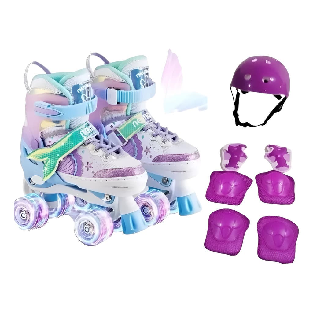 Patins ROLLER malva sereia rodas em pares Tam./ajustável + Kit Proteção Rodinhas com Led.
