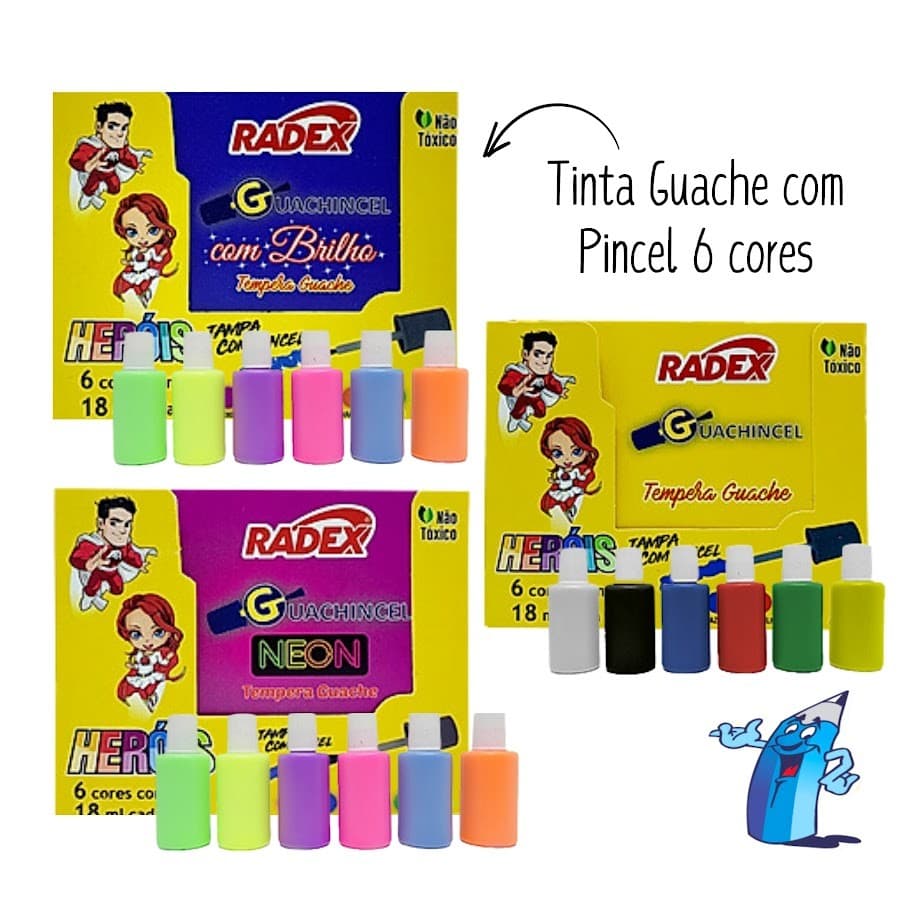 TINTA GUACHE TAMPA COM PINCEL 18ML 6 CORES RADEX