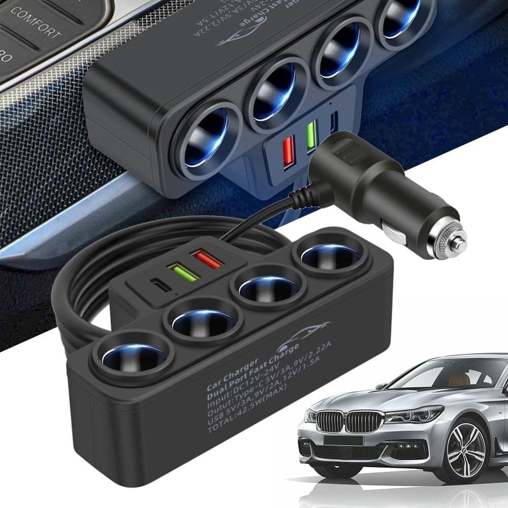 Adaptador De Isqueiro De Carro 12V/24V , Novo 4 Soquetes , 120W , 4 Vias , Porta USB , Soquete Splitte ,