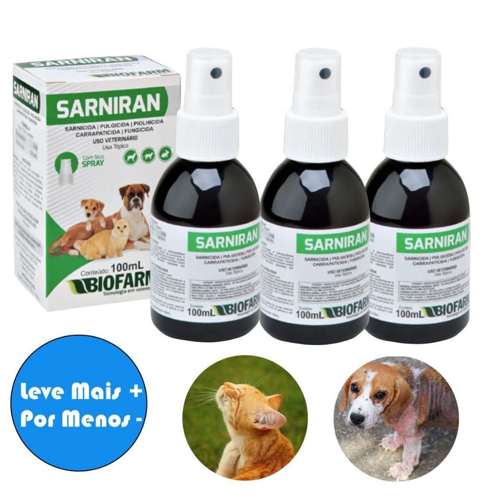 Sarniran Remédio para Sarna de Cachorro e Gato Dermatite Pulgas e Carrapatos de Cães de Gatos 100ml