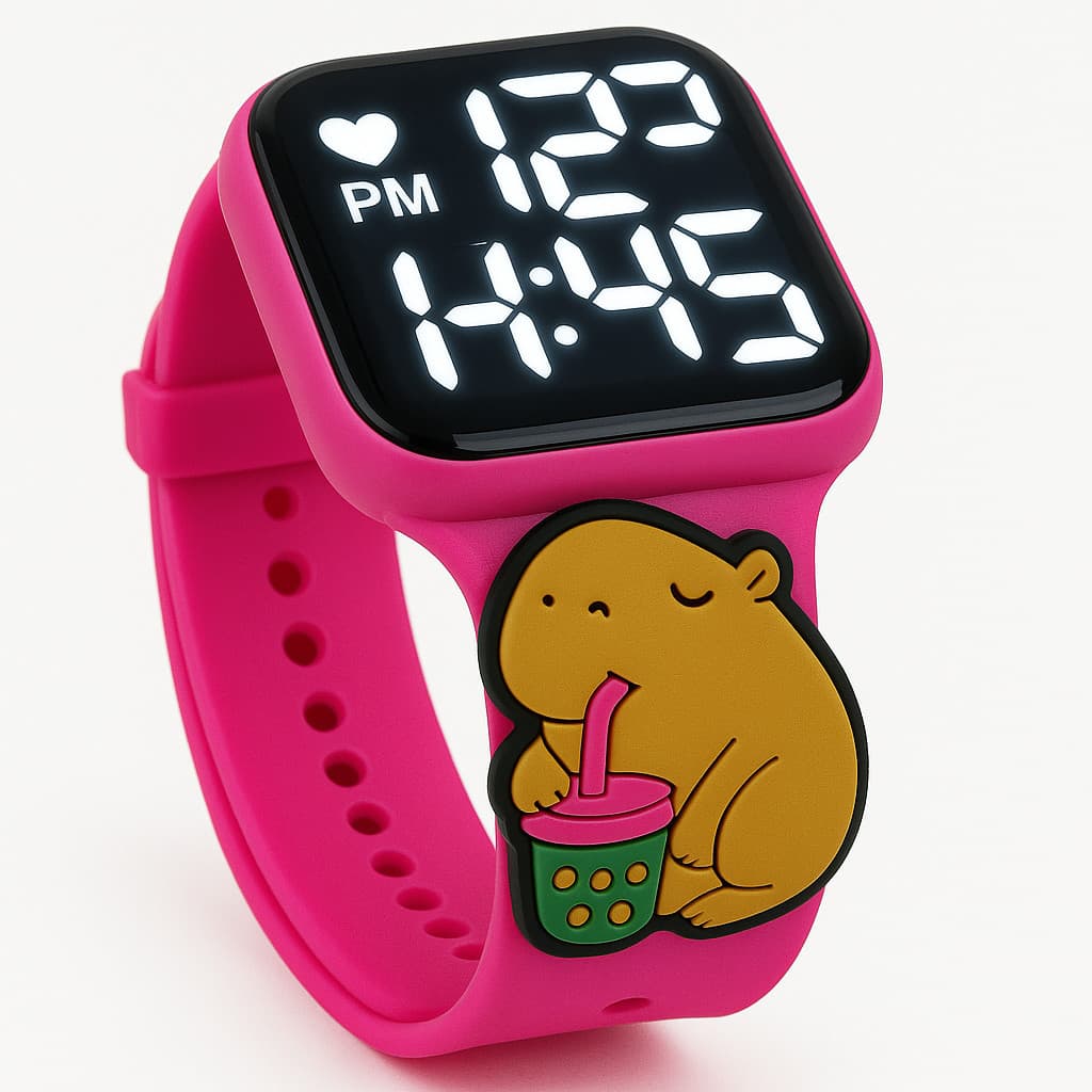 Relógio Digital Infantil Capivara LED Pulseira Rosa