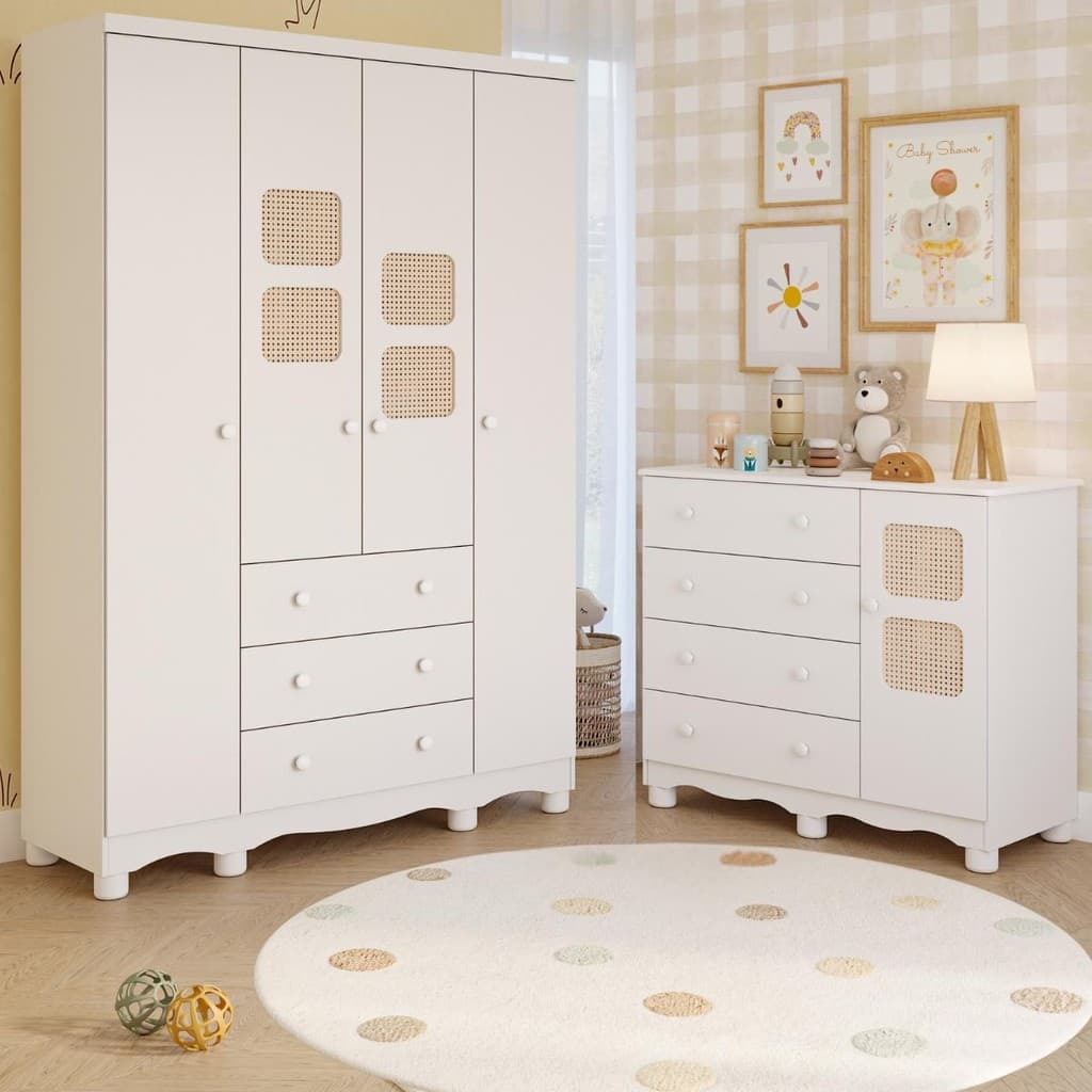 Quarto de Bebê Completo Guarda Roupas 4 Portas Cômoda 1 Porta 4 Gavetas 100% MDF Telinha