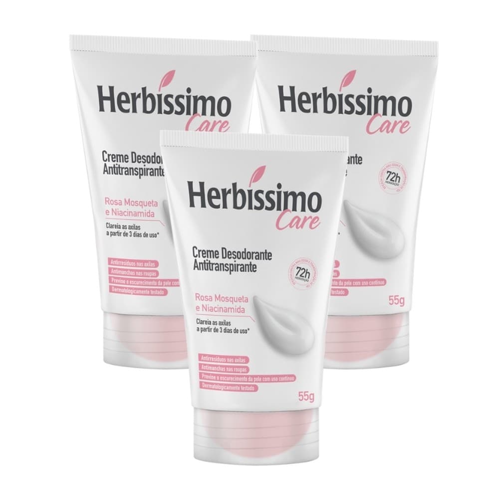 Kit Creme Desodorante Antitranspirante Herbíssimo Care Rosa Mosqueta E Niacinamida 55g (3 unidades)