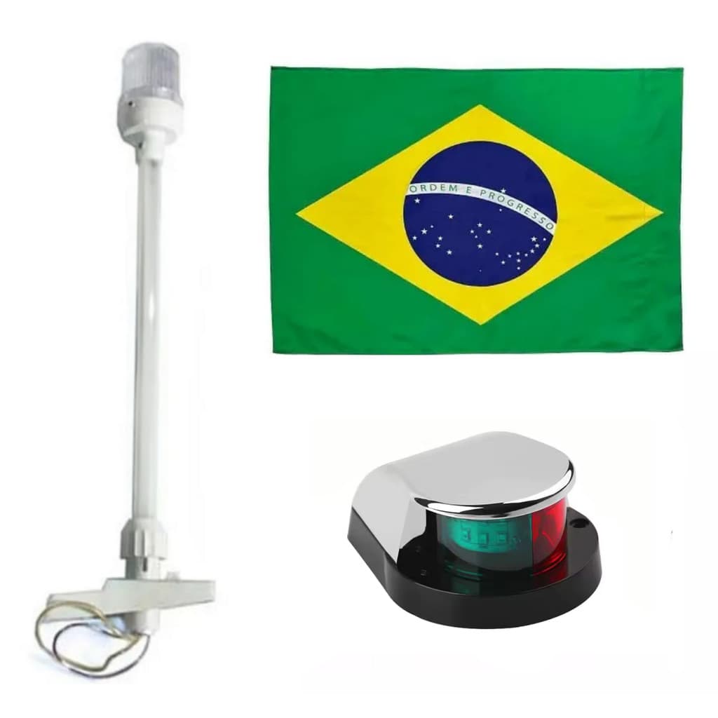Kit Bombordo e Boreste Bicolor Led em ABS Cromado + Mastro Estrobo Alcançado Fundeio Branco + Bandeira do Brasil - Barco