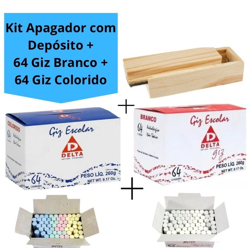 Kit Apagador com Depósito + 64 Unidades Giz Colorido + 64 Unidades Giz Branco Escolar Quadro Verde Negro Delta