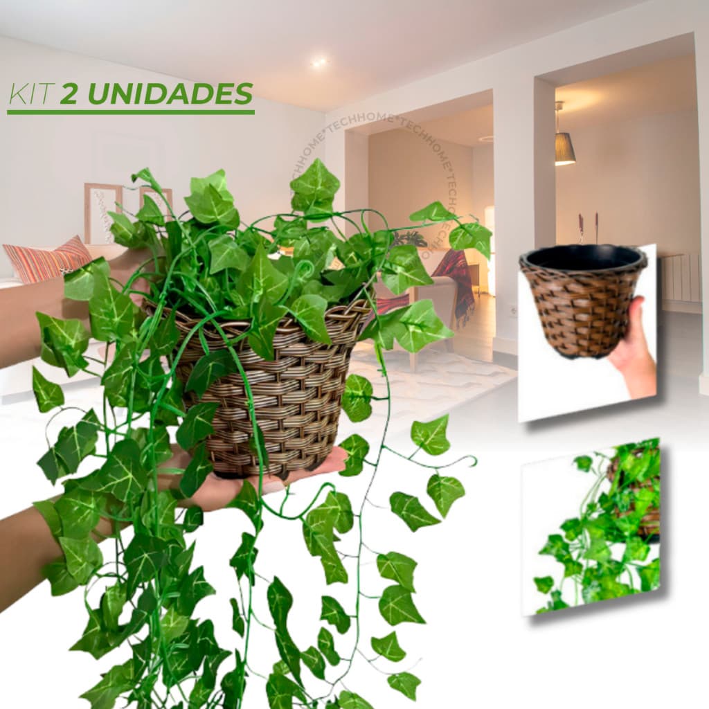 Planta Decorativa: Vasos Trançado Marrom + Pendentes Artificial Folhas De Hera