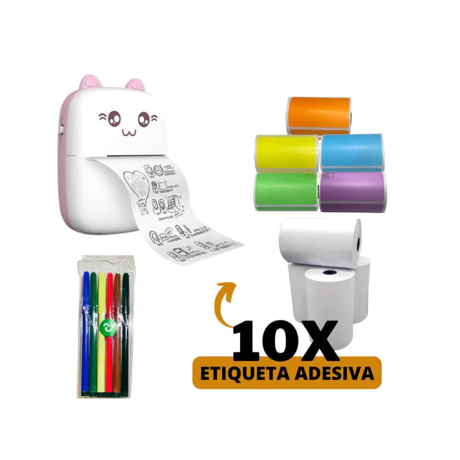 Mini Impressora Térmica Gatinho + 10 Rolos (5 Coloridos + 5 Brancos) + 1 Kit Canetinhas