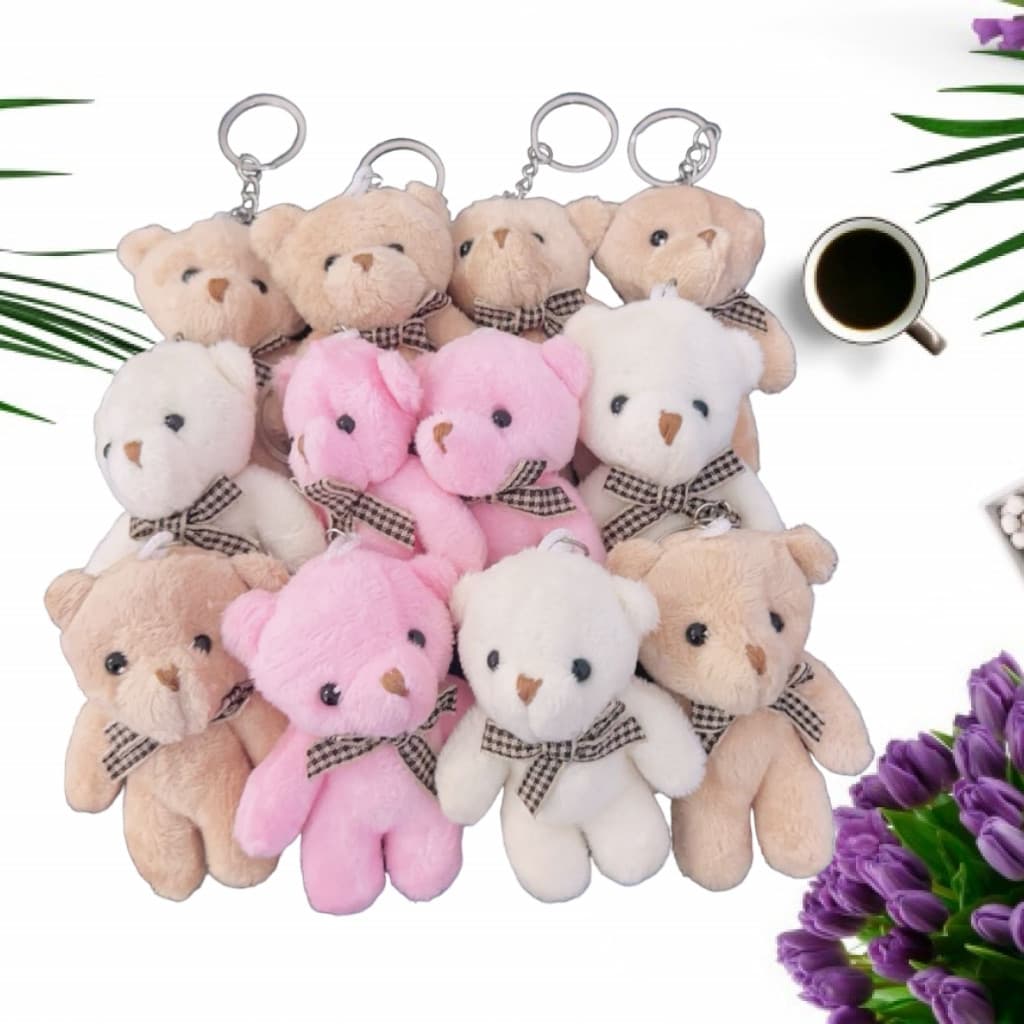 kit 12 UN Chaveiros Mini Tedy com Pingente Ursinho Urso de Pelúcia Pequeno 7cm