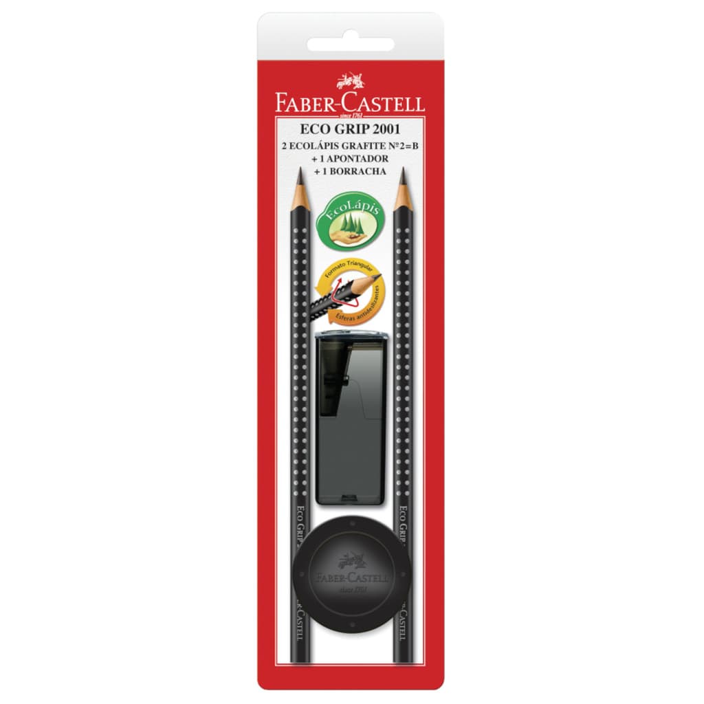 Lápis Grafite Eco Triangular Grip 2001 Preto 2 Un + Apontador + Borracha - Faber-Castell