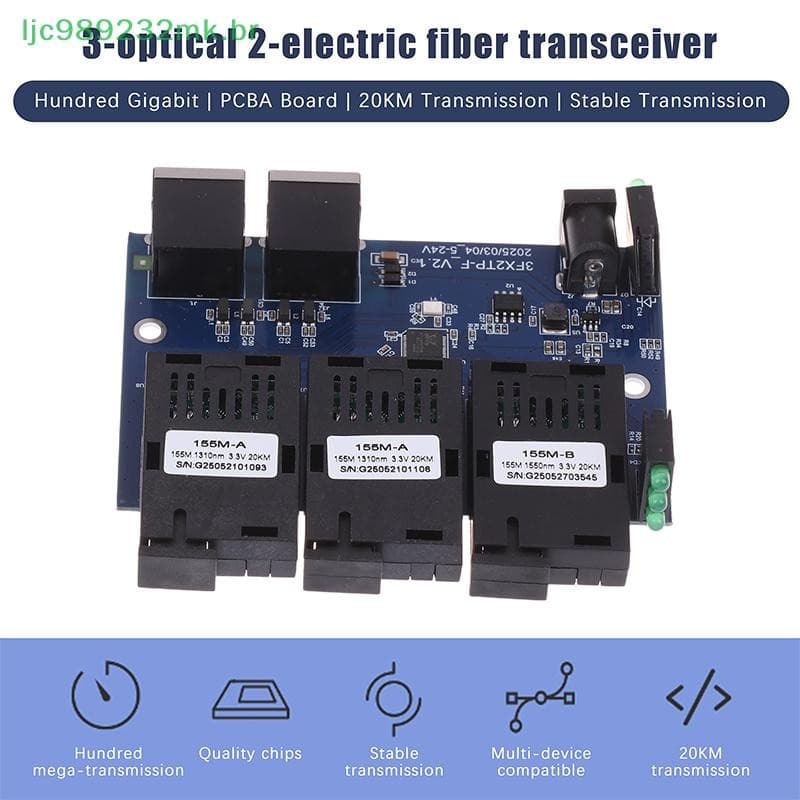 [MYBR] Conversor De Switch Ethernet Rápido 3F2E Mídia Óptica De Fibra De 20 Km Modo Único 2 RJ45 3 Porta SC [WELL]