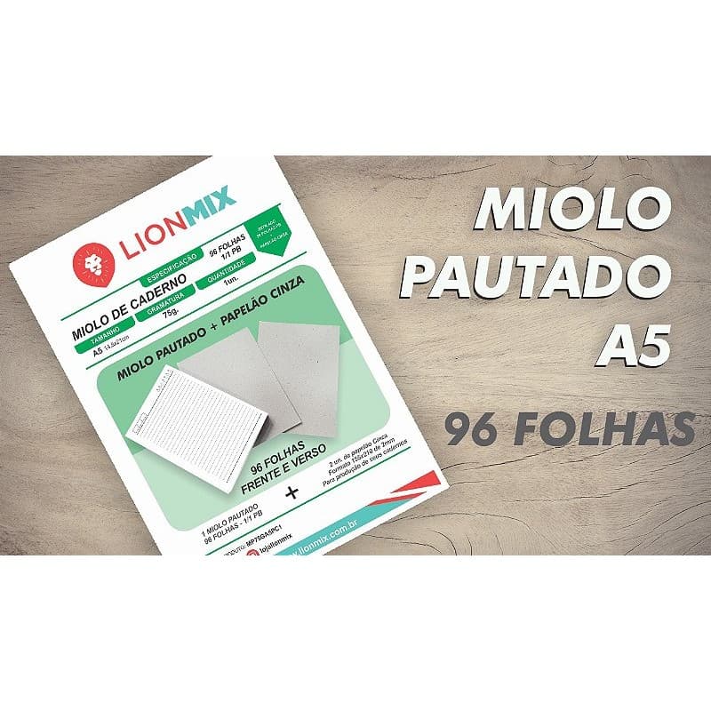 MIOLO PAUTADO A5 PARA CADERNO + PAPELÃO CINZA 96 folhas - OFFSET 75G. 1/1 PB - Embalagem unitária