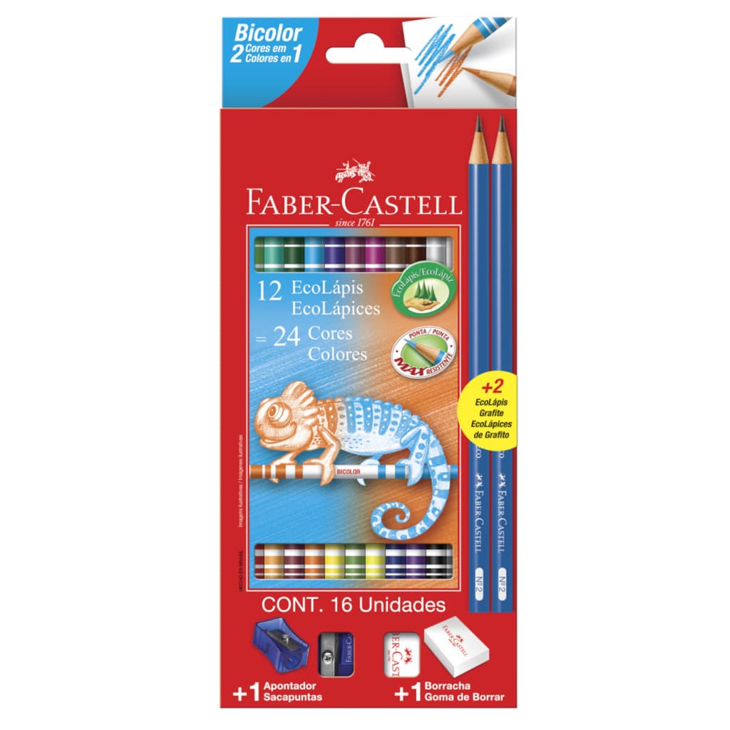 Lápis de Cor Eco Redondo Bicolor 24 Cores + 2 Lápis + Apontador + Borracha - Faber-Castell
