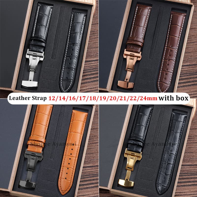 Pulseira De Relógio De Couro Genuíno Com Caixa 12/14/16/17/18/19/20/21/22/24mm Universal Borboleta Fivela