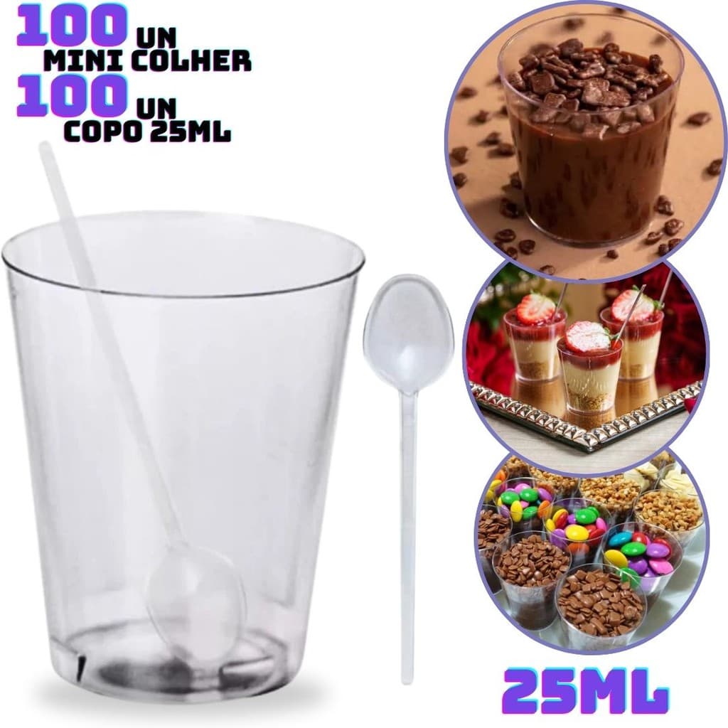 Kit Completo 100 Copo Copinho Potinho Cristal 25ml e 100 Colheres Acrílico Brigadeiro De Colher Doce Docinho Mousse