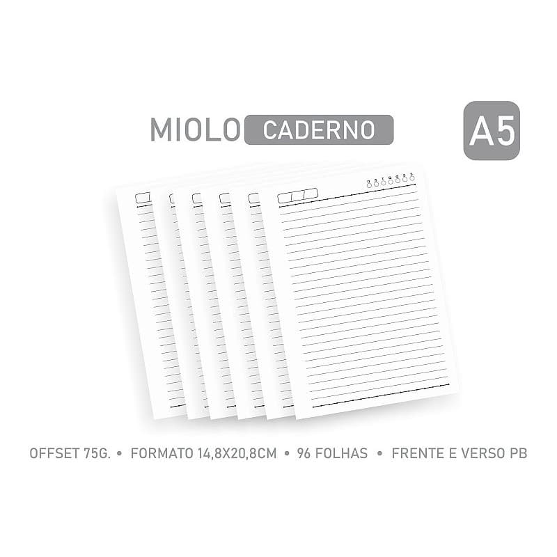 MIOLO PAUTADO A5 PARA CADERNO  96 folhas - OFFSET 75G. 1/1 PB - Embalagem unitária