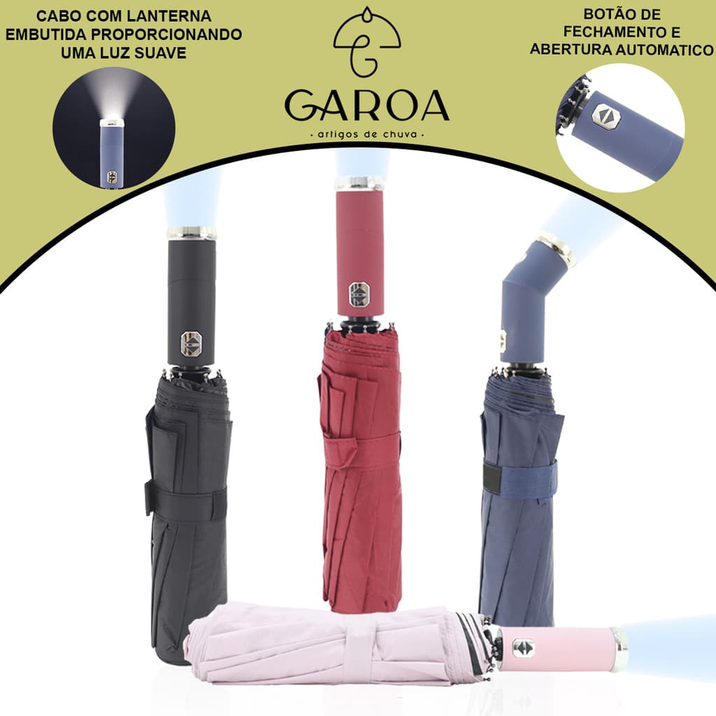 Guarda-Chuva com Lanterna Automático Reforçado Contra Vento Com Proteção Solar Blackout Compacto Cabe na Bolsa e Mochila